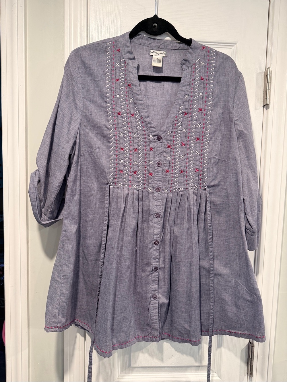 Ultra Pink Size 1X Embroidered Cotton Tunic Blouse Boho Button Front 3/4 Sleeve